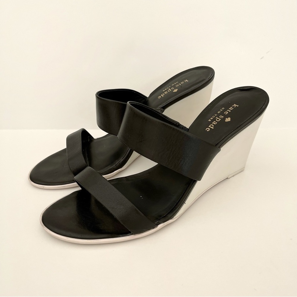 Kate Spade Abilene Mule Black and White Slide-On Wedge Heel Sandals